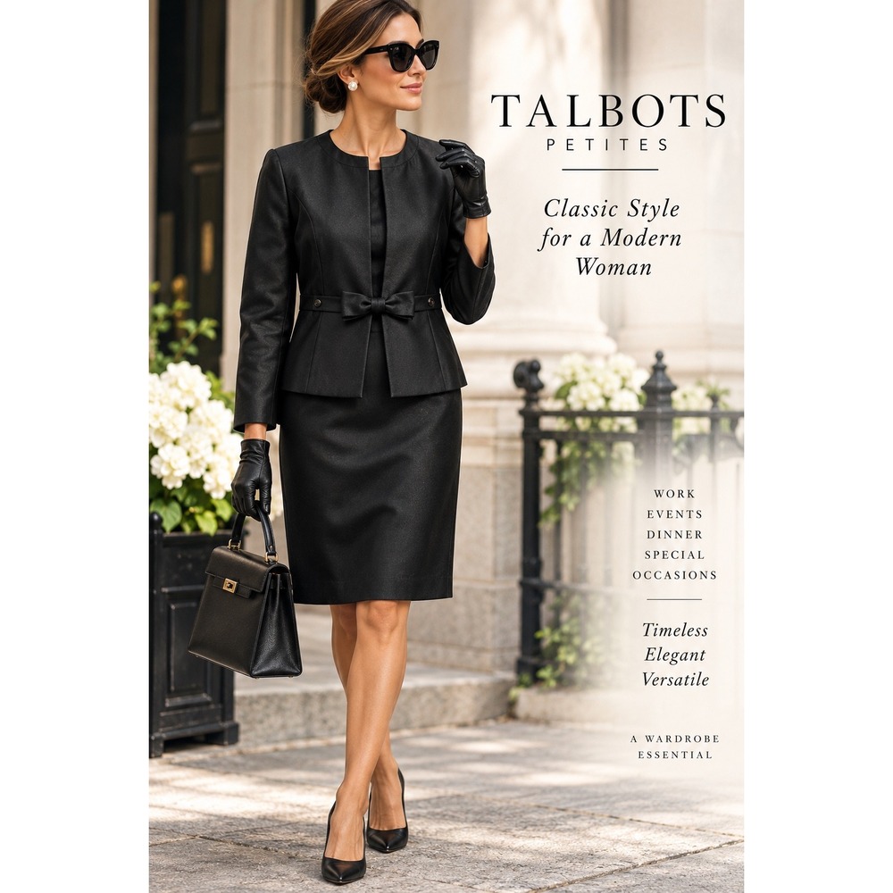 Talbots Petites 12P Silk Wool 2 Piece Dress Jacket Suit Black Bow Career Formal
